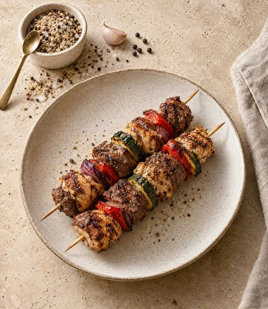 Suggestion de présentation : brochettes de poulet et de bœuf grillées avec poivron, oignon rouge et courgette, ramequin du mélange Grillades du Chef