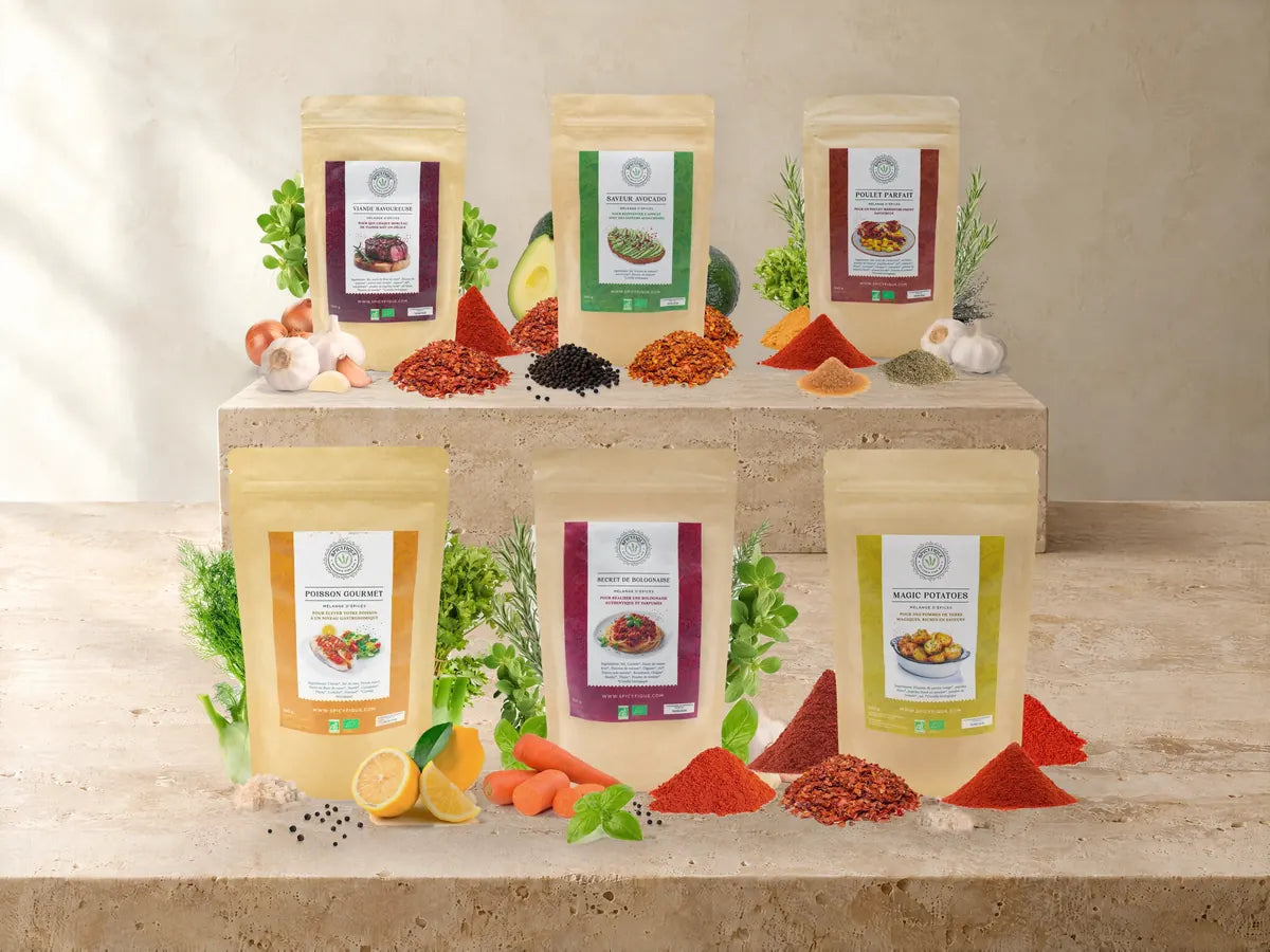 Six mélanges d’épices Spicyfique posés avec leurs ingrédients sur un présentoir en travertin : Viande Savoureuse, Saveur Avocado, Poulet Parfait, Poisson Gourmet, Secret de Bolognaise et Magic Potatoes