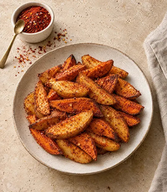 Suggestion de présentation : quartiers de pommes de terre et de patates douces rôtis au four, ramequin du mélange Magic Potatoes