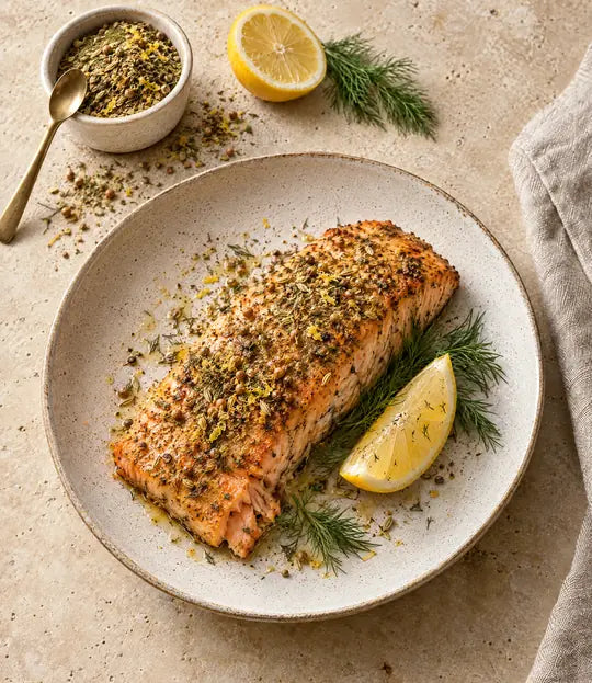 Suggestion de présentation : pavé de saumon cuit au four avec aneth et citron, ramequin du mélange Poisson Gourmet
