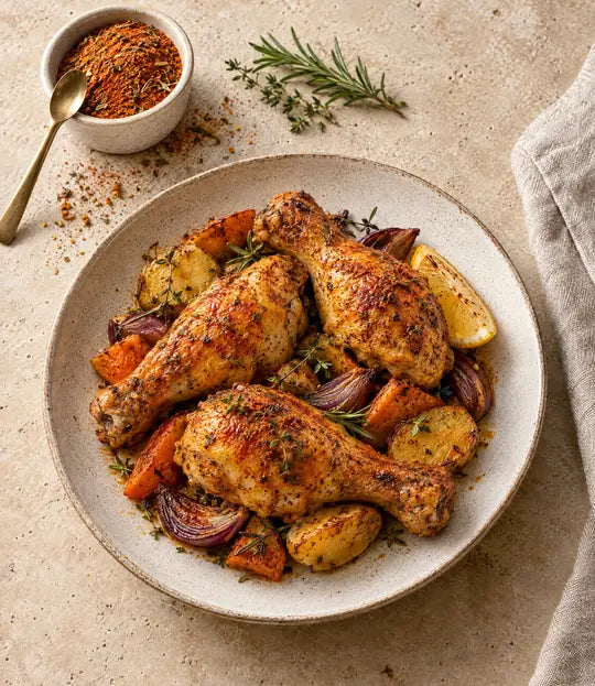 Suggestion de présentation : morceaux de poulet rôtis aux herbes et légumes, citron, ramequin du mélange Poulet Parfait