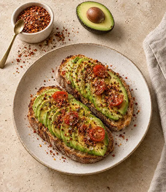 Suggestion de présentation : tartines d’avocat et tomates cerises sur pain grillé, ramequin du mélange Saveur Avocado