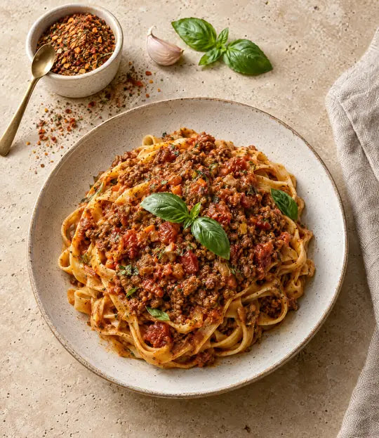 Suggestion de présentation : tagliatelles à la sauce bolognaise maison, ramequin du mélange Secret de Bolognaise, ail et basilic