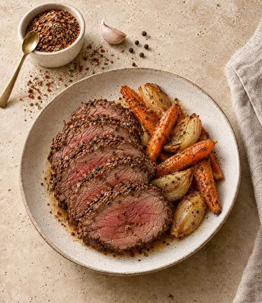 Suggestion de présentation : tranches de rôti de bœuf, carottes et oignons rôtis, ramequin du mélange Viande Savoureuse